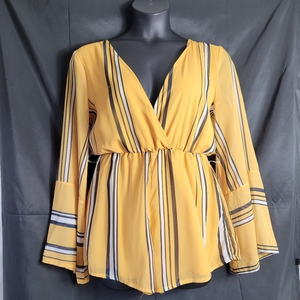 NWT Akira romper sexy low cut back‎ sheer Mustard stripe